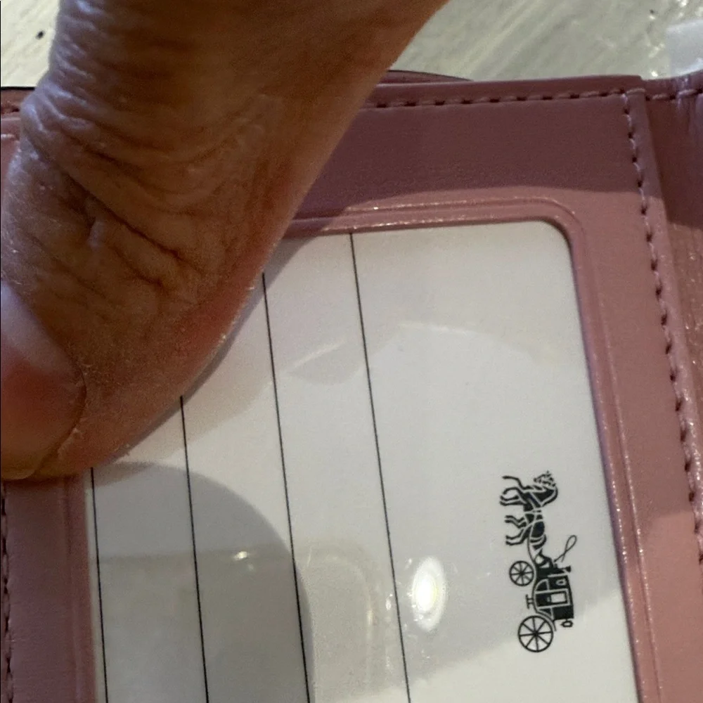 Coach Beige Signature Trifold Wallet- Pink Leather Interior